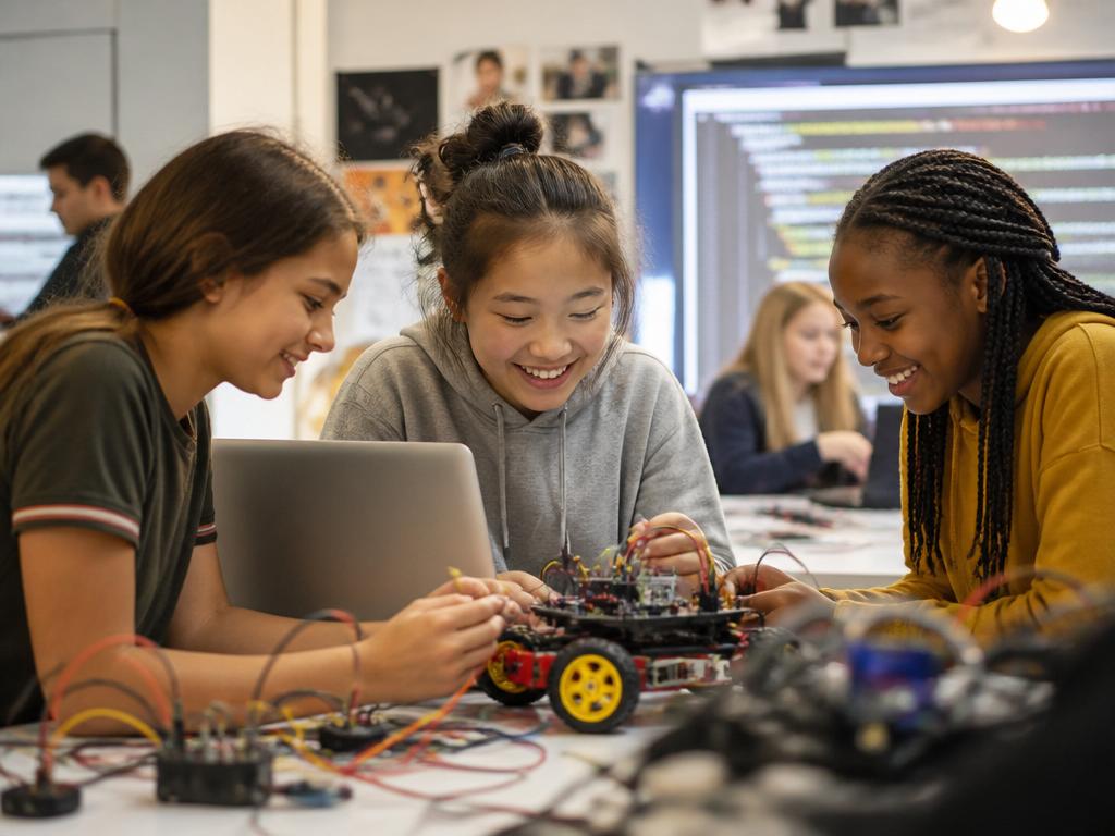 Niñas aprendiendo robótica y programación